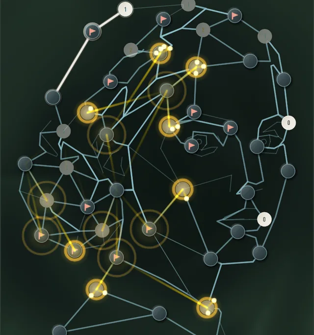 The face puzzle solved: a chain of blasts runs through its flagged mines.