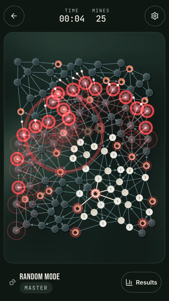 A random board in dark mode as its mines go off one after another in red rings.